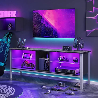 Bestier 63 inch Gaming Entertainment Center with LED Lights and Glass Shelves