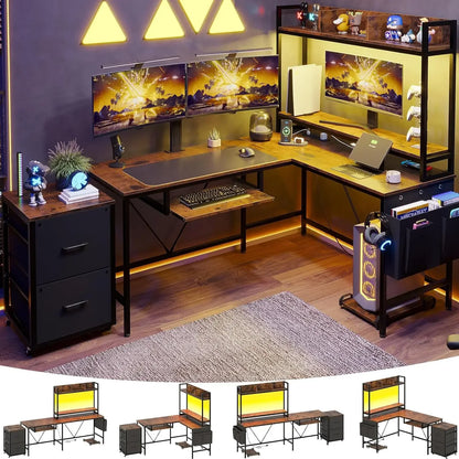 L Shaped Gaming Desk, Reversible Corner Computer Desk with Power Outlet & Led Strip