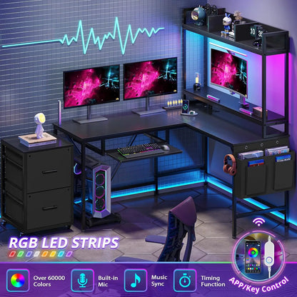 L Shaped Gaming Desk, Reversible Corner Computer Desk with Power Outlet & Led Strip