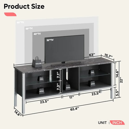 Bestier 63 inch Gaming Entertainment Center with LED Lights and Glass Shelves