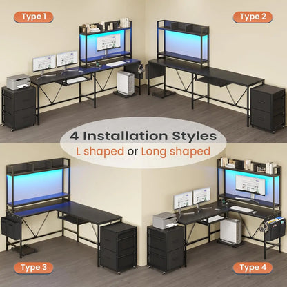 L Shaped Gaming Desk, Reversible Corner Computer Desk with Power Outlet & Led Strip