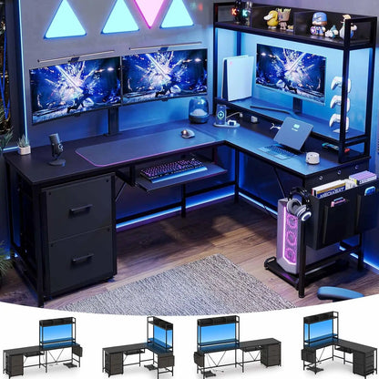 L Shaped Gaming Desk, Reversible Corner Computer Desk with Power Outlet & Led Strip