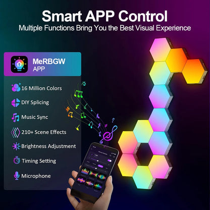 RGB Smart Hexagonal Wall Lamp - Color changing Ambient Night Light. Sound Rhythm