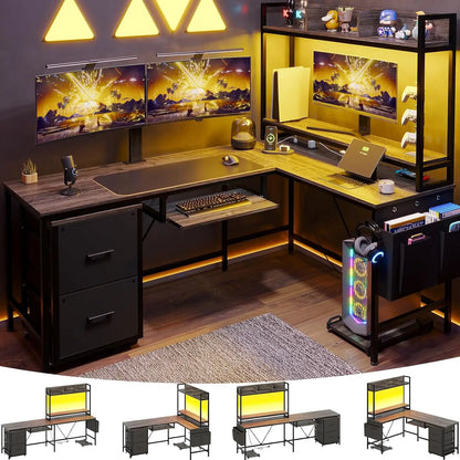 L Shaped Gaming Desk, Reversible Corner Computer Desk with Power Outlet & Led Strip