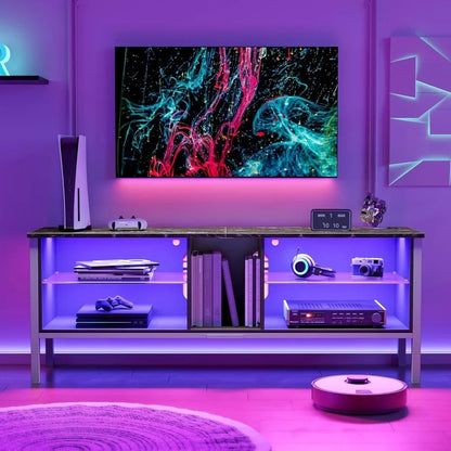 Bestier 63 inch Gaming Entertainment Center with LED Lights and Glass Shelves