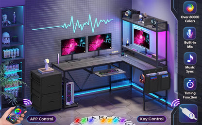 L Shaped Gaming Desk, Reversible Corner Computer Desk with Power Outlet & Led Strip