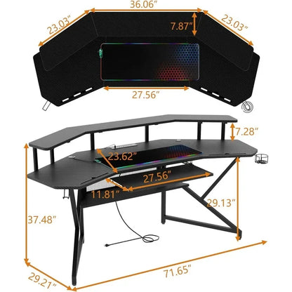 72" Large Wing-Shaped Computer Desk with Keyboard Tray