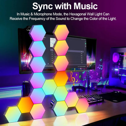 RGB Smart Hexagonal Wall Lamp - Color changing Ambient Night Light. Sound Rhythm